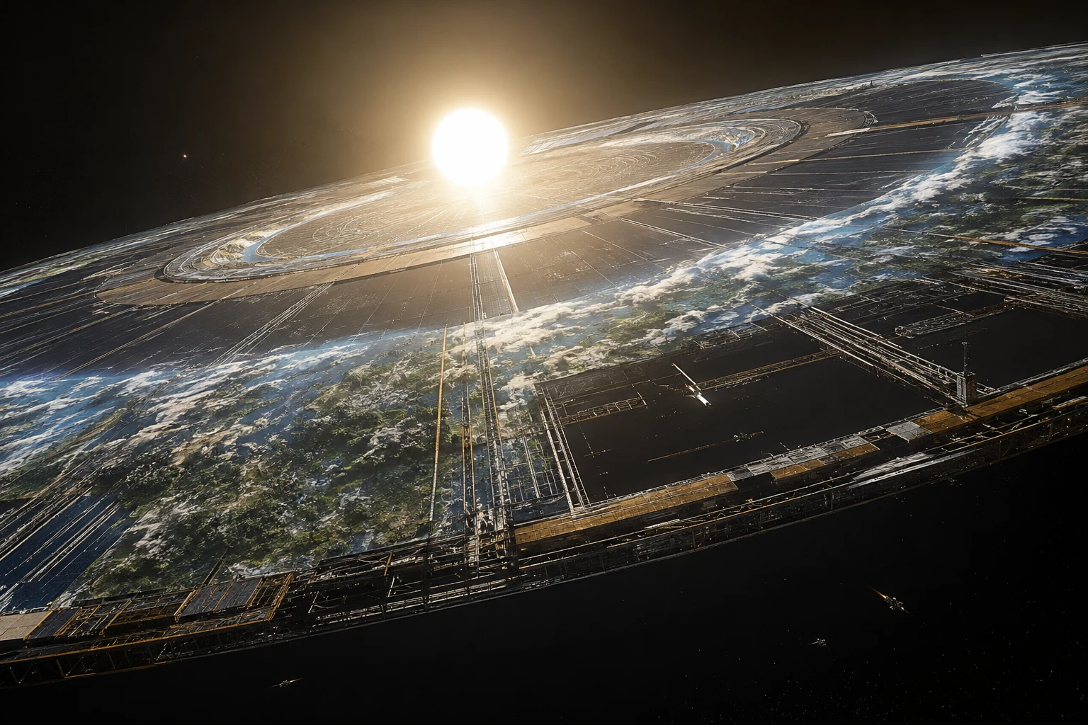 An immense Alderson disk under construction around a white-gold star.